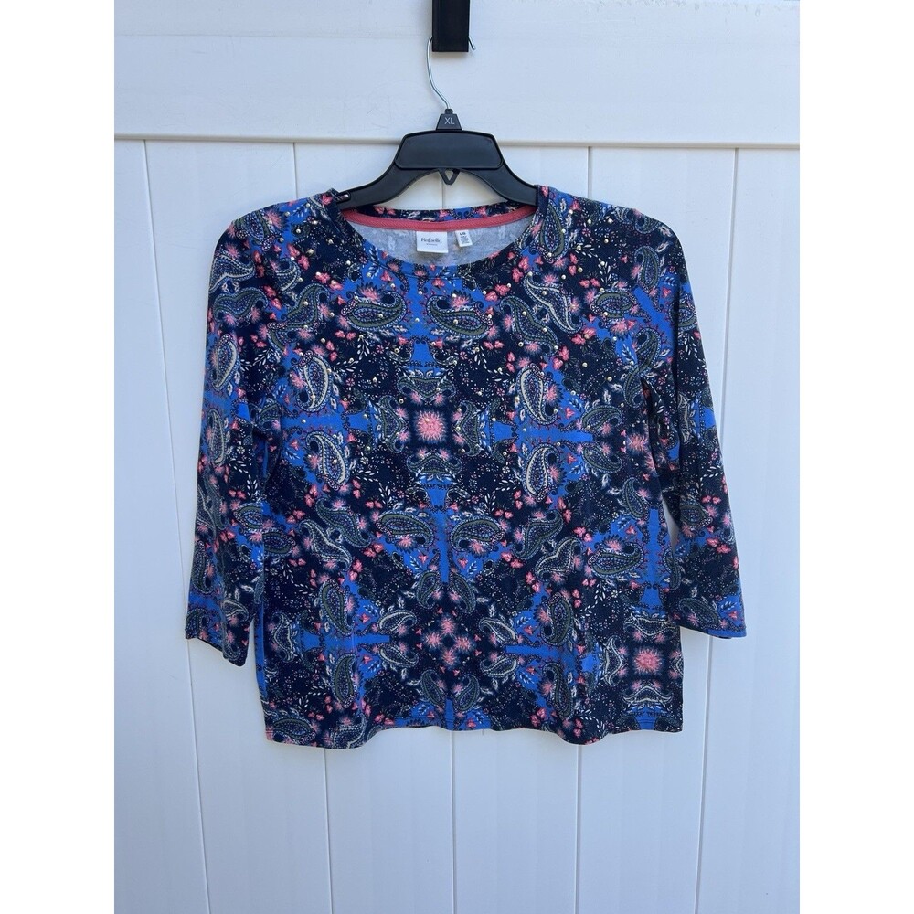 Rafaella Top Womens Sz Large Paisley Colorful Studded 3/4 Sleeve Cotton